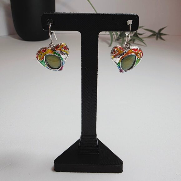 Colorful Enamel Heart Dangle Earrings - Silver Tone - Picture 3 of 8